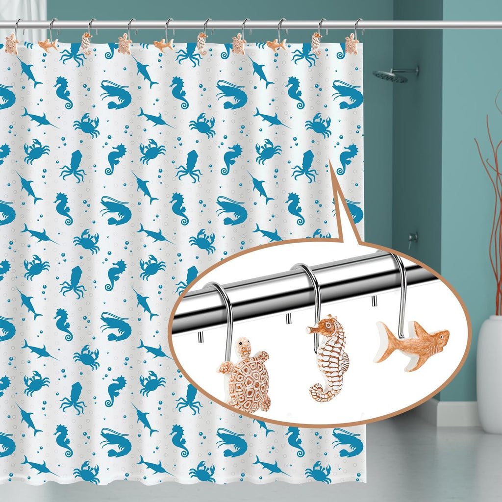 Seashell Shower Curtain Hooks, 12Pcs Decorative Anti-Rust Shower Hooks, Coastal Style Curtain Hooks for Bathroom Nursery Bedroom Living Room Decoration (Turtle Starfish Shark)