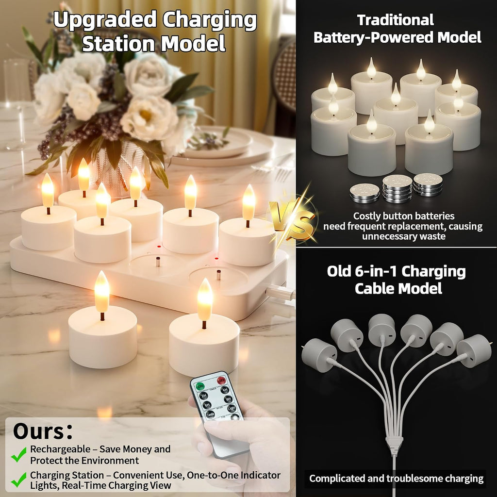Rechargeable Flameless Tea Lights Candles with Charging Station Remote 8Pcs