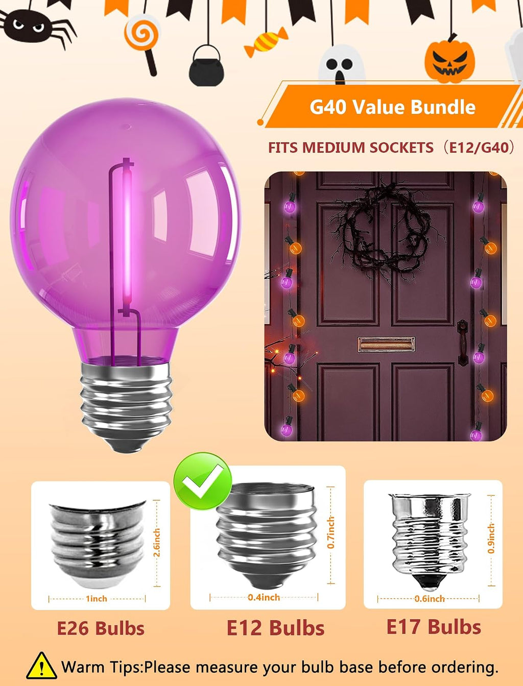 GOOTHY 25 Pack G40 LED Replacement Light Bulbs, Shatterproof Halloween G40 LED Orange Purple Globe Lights Bulbs for Outdoor String Lights Patio Party Decor, E12/C7 Candelabra Base, 2700K Warm White