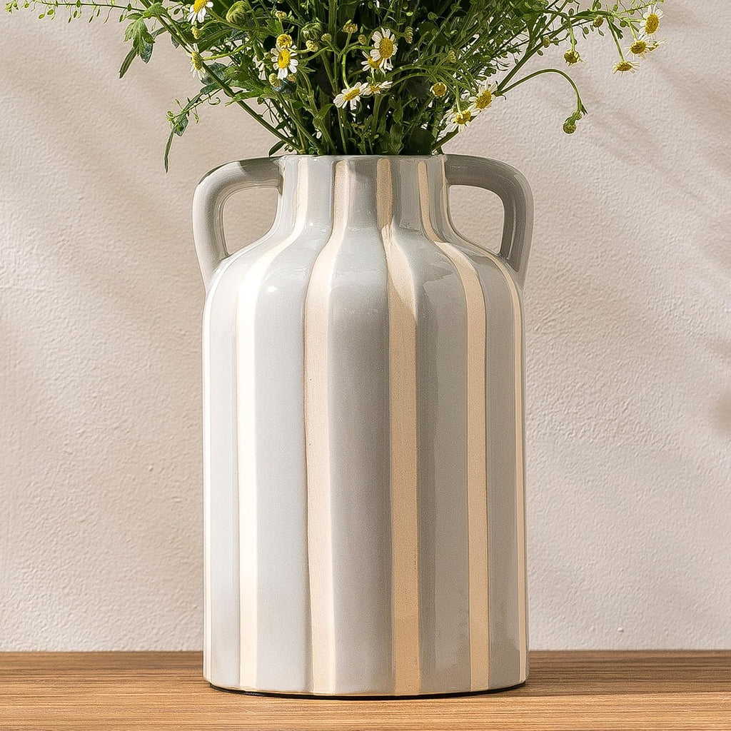 SURE YUESI Grey Ceramic Vase with Handles, Modern Farmhouse Striped Decorative Vase, 9.1" Art Deco Tall Flower Vases for Pampas Grass, Shelf Decor, Dining Table Centerpiece, Living Room Home Decor