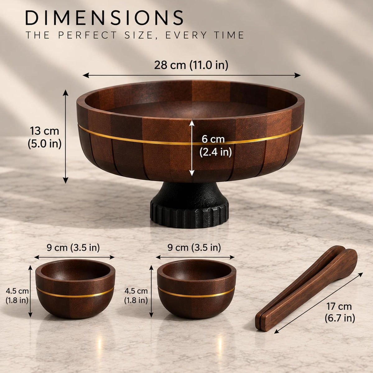 4-Piece Acacia Wooden Fruit Bowl Set for Kitchen Counter, 11-Inch Large Decorative Pedestal Bowl with 2 Matching Serving Bowls & Compact 6.7-Inch Wooden Tongs, Dark Walnut Finish