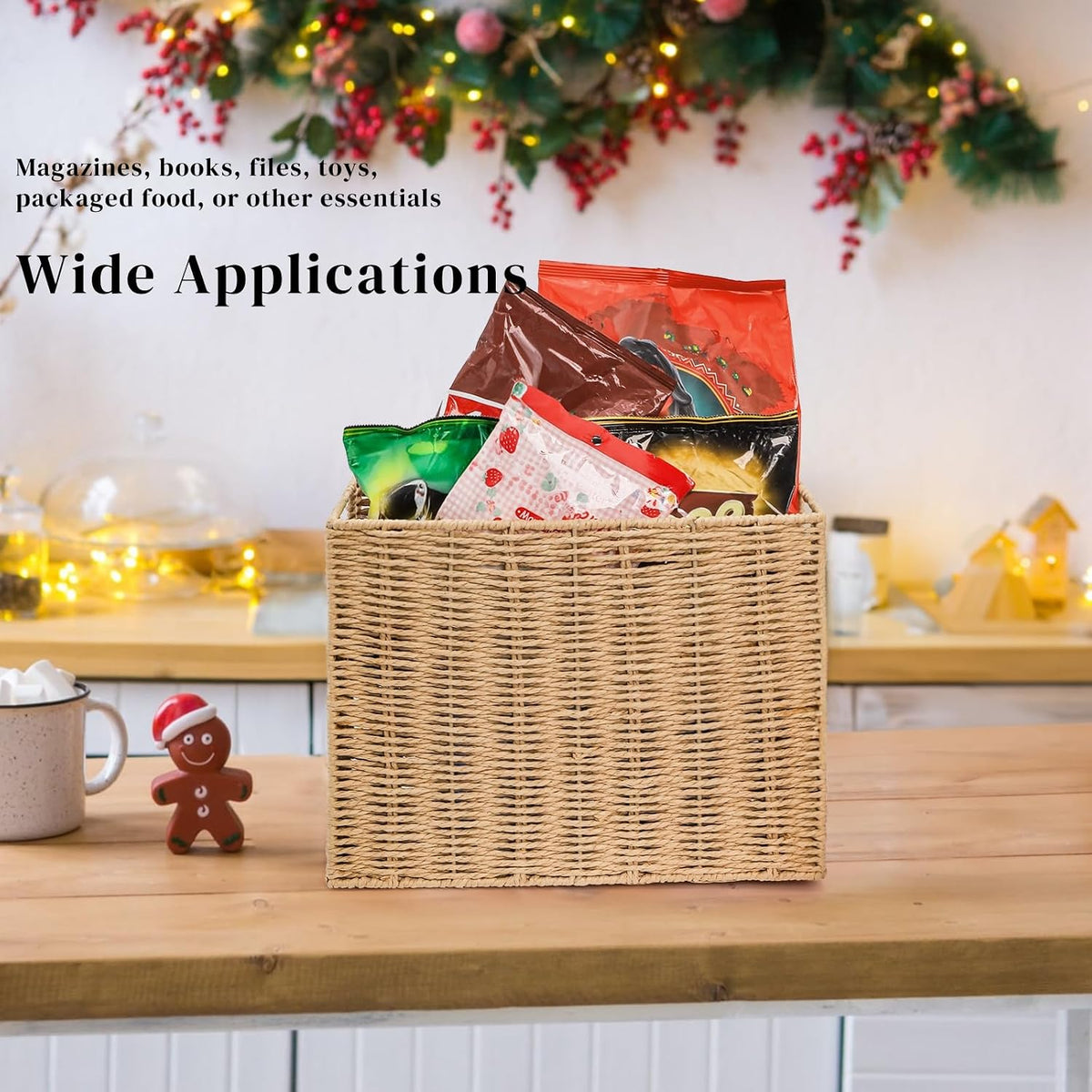 Woven Magazine Holder, Book Basket with Built-in Handles