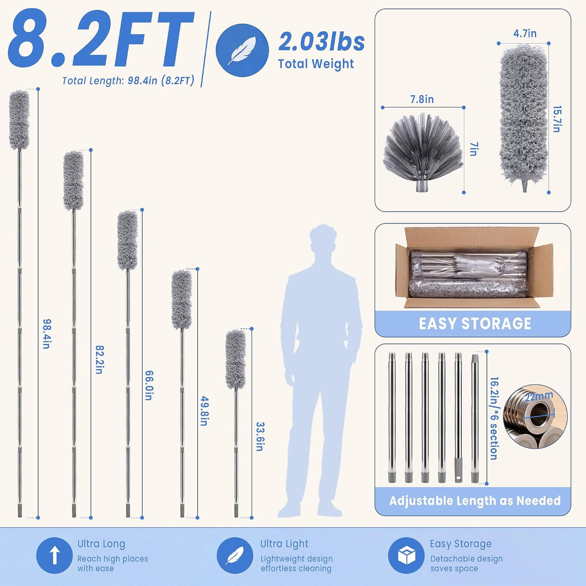8FT Cobweb Duster, Ceiling Fan, Extension Pole, 2 Brush Heads
