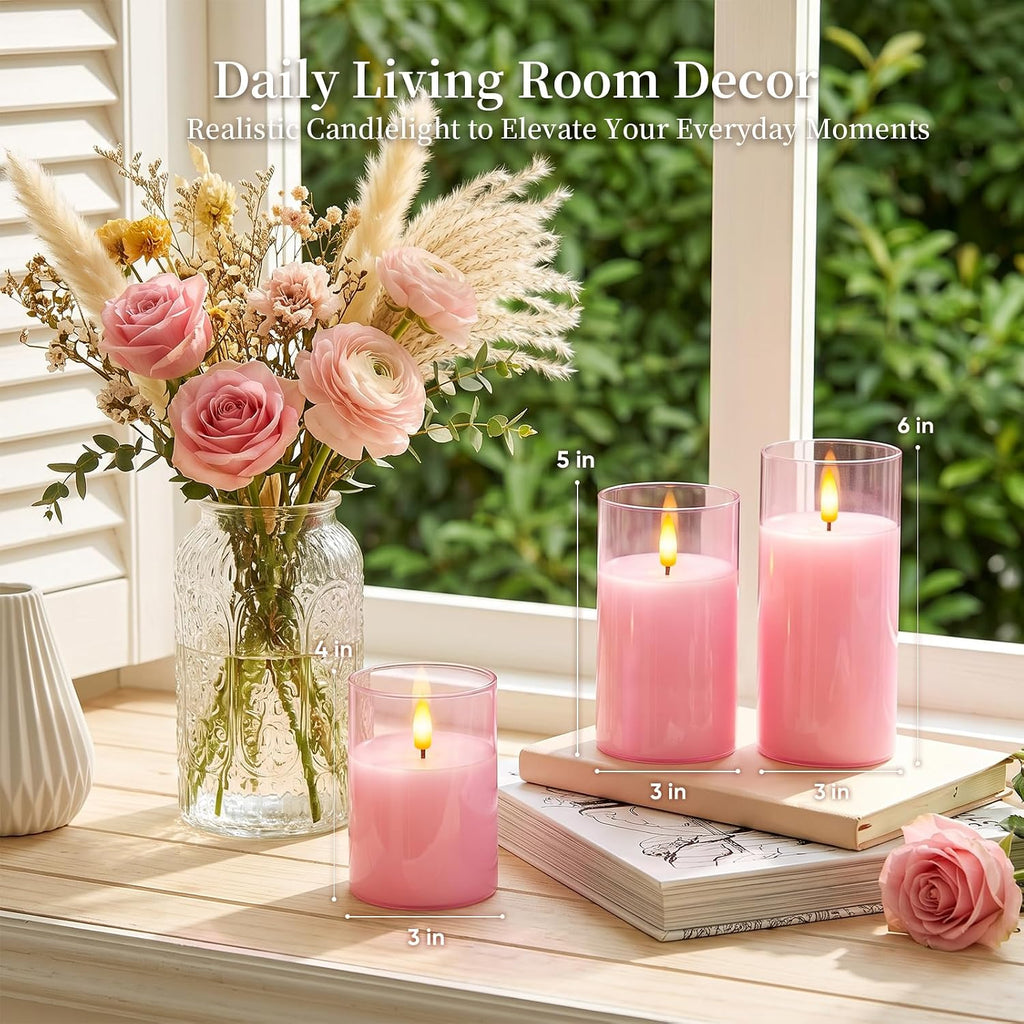 Amagic Pink Glass Flameless LED Candles Battery Operated with Remote Timer