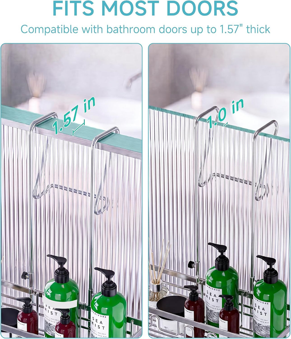 Shower Caddy Hanging Over the Door, Upgraded Extended Length Shower Organizer, Rustproof Bathroom Rack with Hooks Soap Holder, Silver