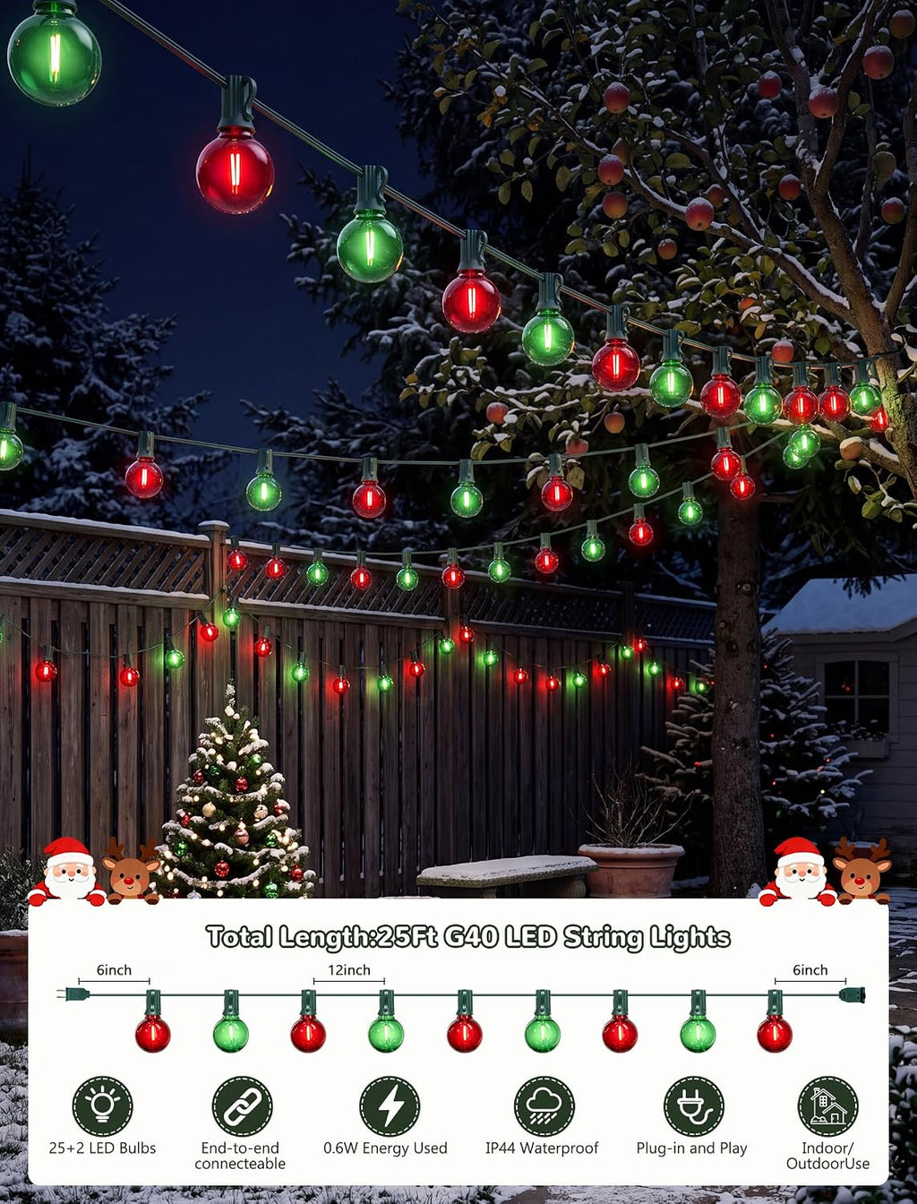 25Ft G40 LED Red Green Outdoor String Lights, 27 Shatterproof Globe Bulbs