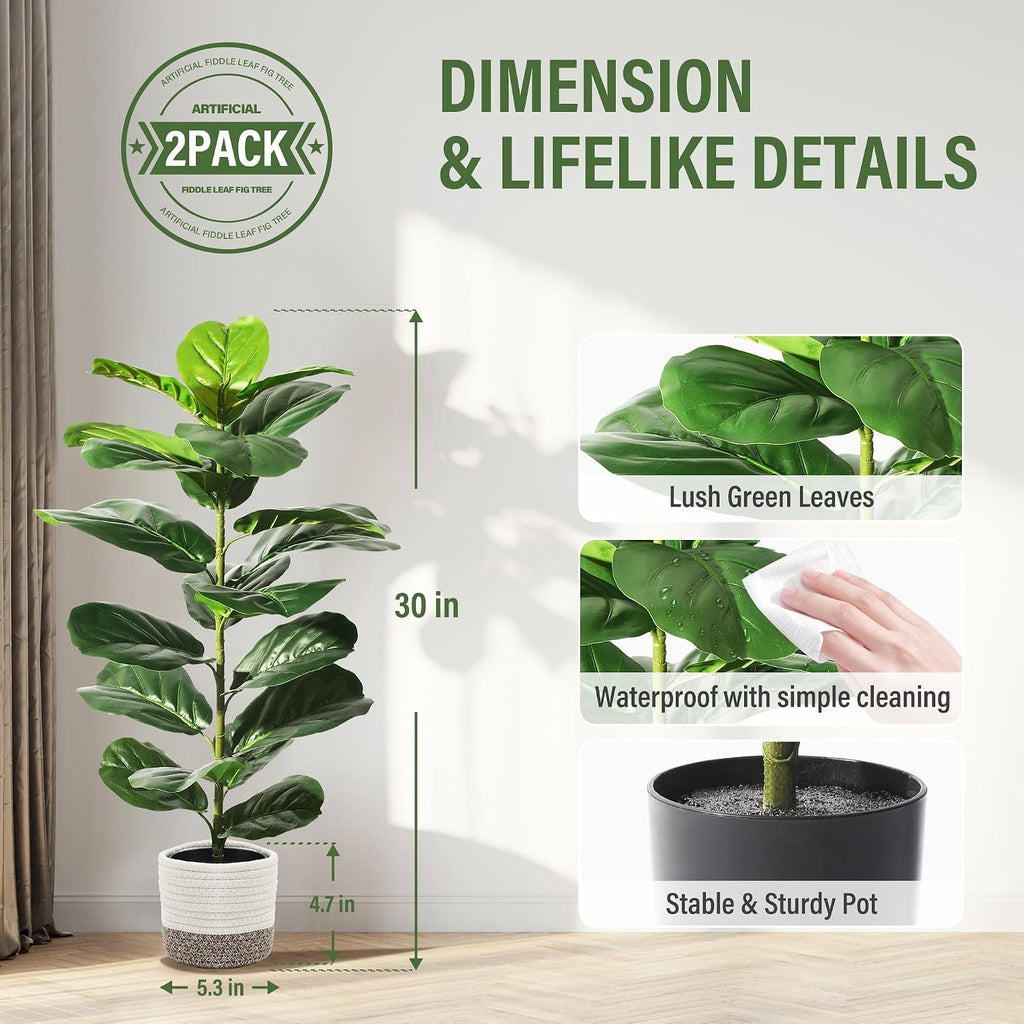 Suntee 2 Pack Faux Fiddle Leaf Fig Trees with Cotton Rope Basket, 30 Inches