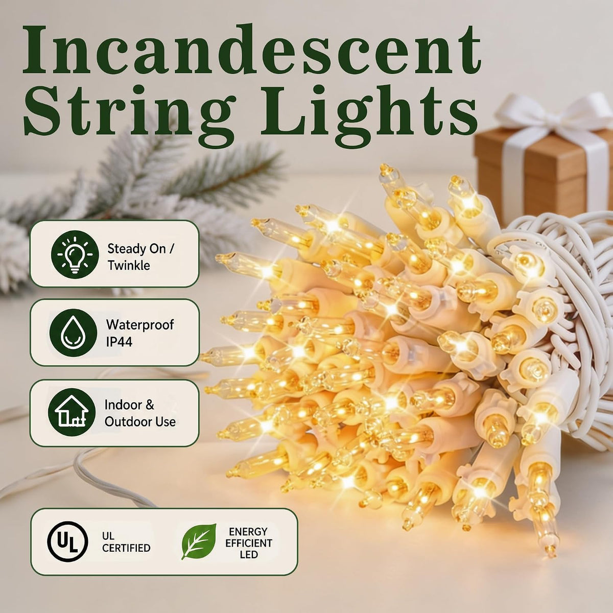 TW SHINE Warm White Christmas Lights, 20FT 100 Count Incandescent White Wire Christmas Tree Lights, Waterproof Xmas String Lights for Outdoor Indoor Home Party Decorations