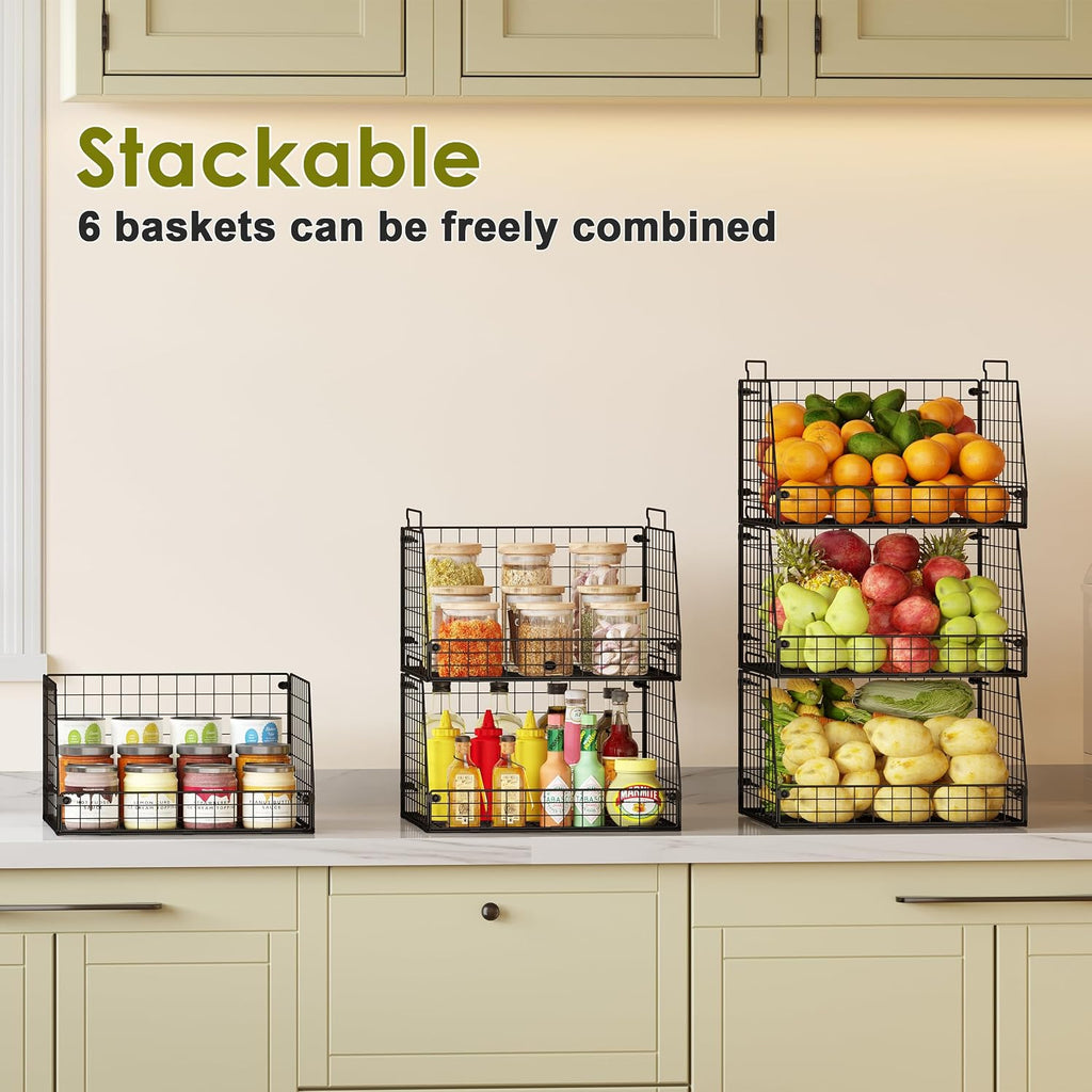 Jakyitvi 6 Pack Stackable Wire Baskets for Pantry,6 Pank Metal Pantry Organizer Storage Bins for Kitchen Snack, Fruit, Potato, Onion & Vegetable Storage, Wire Baskets for Pantry Organization