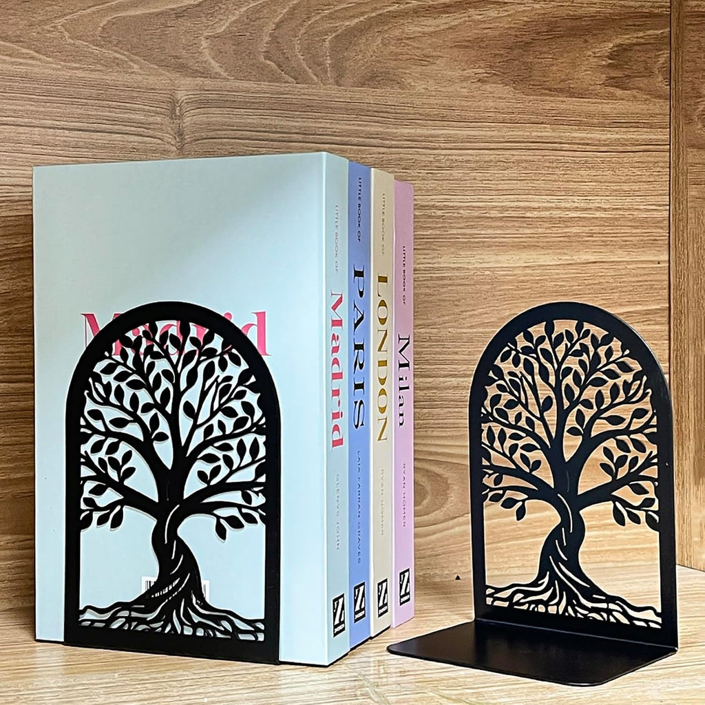 2 Pairs Tree of Life Metal Bookends, Black Book Stoppers for Shelves