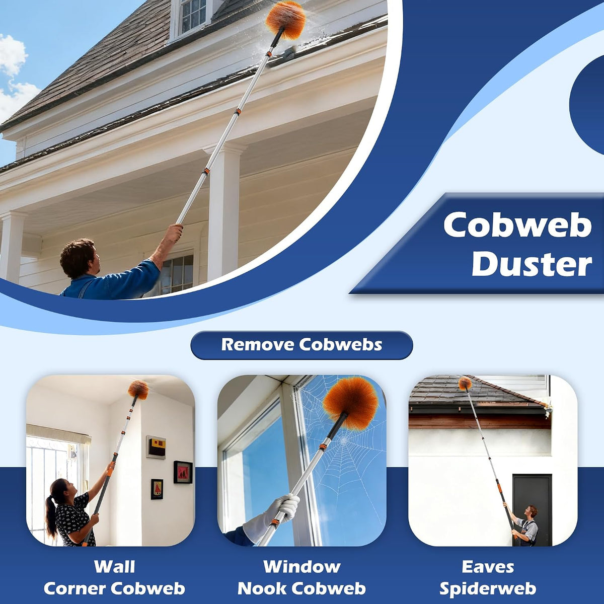 30FT High Reach Duster Kits with 5-24FT Extension Pole, Cobweb Duster with Telescoping Pole, Washable Ceiling Fan Cleaner & Window Squeegee for Glass Surfaces & High Roof