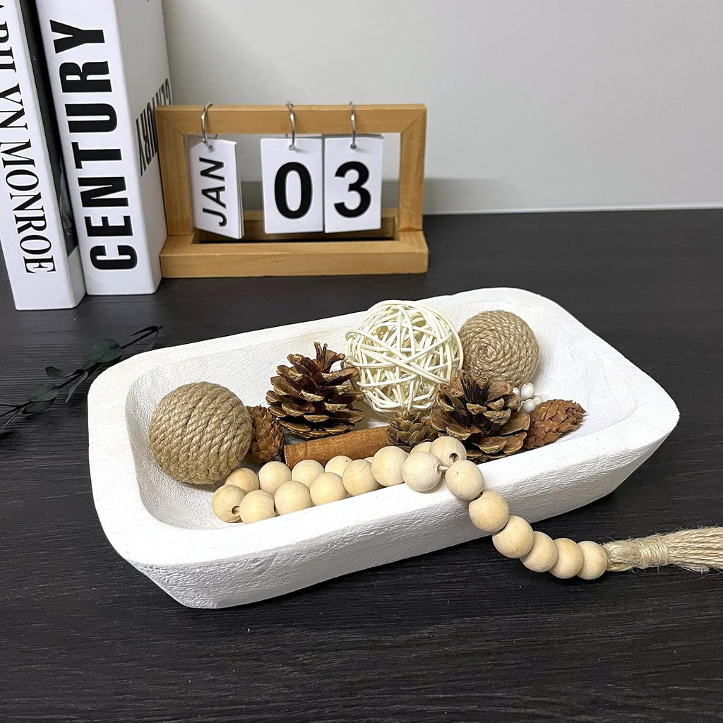 Wooden Dough Bowl Decor, Vintage Wooden Bowl Hand Carved Home Decor for Dining Table Center, Living Room, Kitchen Decor. (10in white)