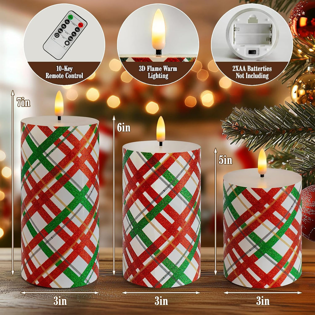 Christmas LED Flameless Candles, Red Green Striped Real Wax Candles with Timer, Battery Operated Pillar Set of 3 for Home Christmas Party Decor (D3 x H4 5" 6")