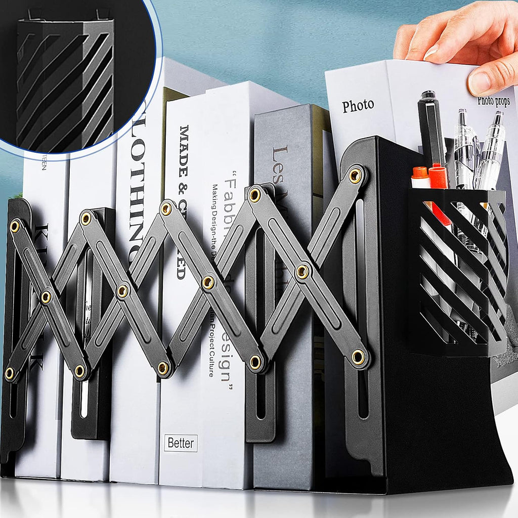 2PCS Heavy Duty Book Ends to Hold Books with Pen Holder, Adjustable Bookends, Metal Book Ends for Shelves, Black Book Holders Binder Organizer for Bookshelf Desk