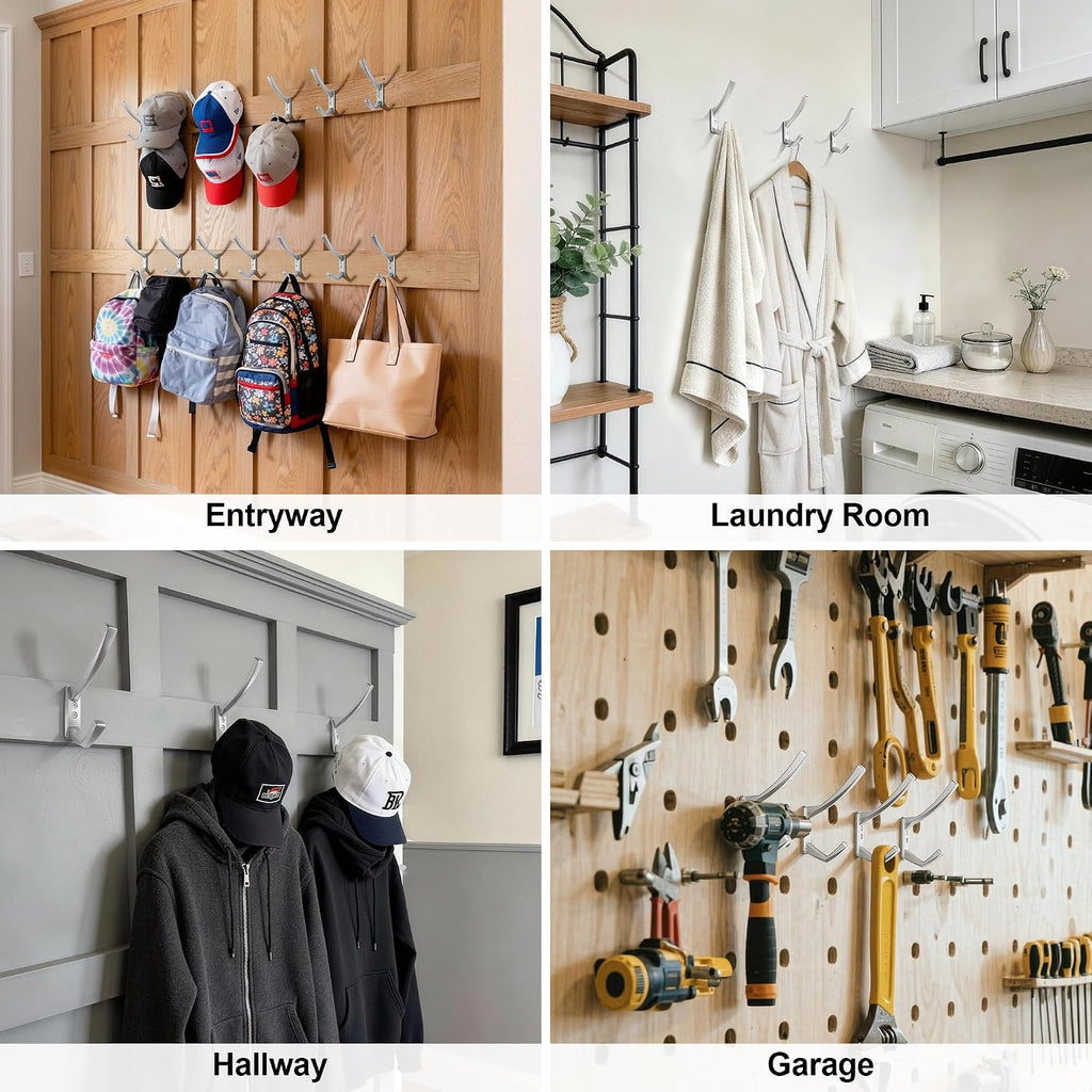 Heavy Duty Wall Hooks, 5 Inch Large Wall Mount Hooks for Hanging Heavy Backpacks, School Bags, Winter Coat, Handbags, Purses in Entryway, Hallway, Garage, Bathroom, Laundry (6, Silver)