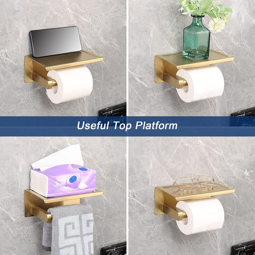 NearMoon Toilet Paper Holder with Shelf, Heavy Duty Bath Toilet Roll Holder with Phone Shelf Tissue Hanger for Bathroom/Kitchen No Drill or Wall Mounted(304 Stainless Steel, Brushed Gold)