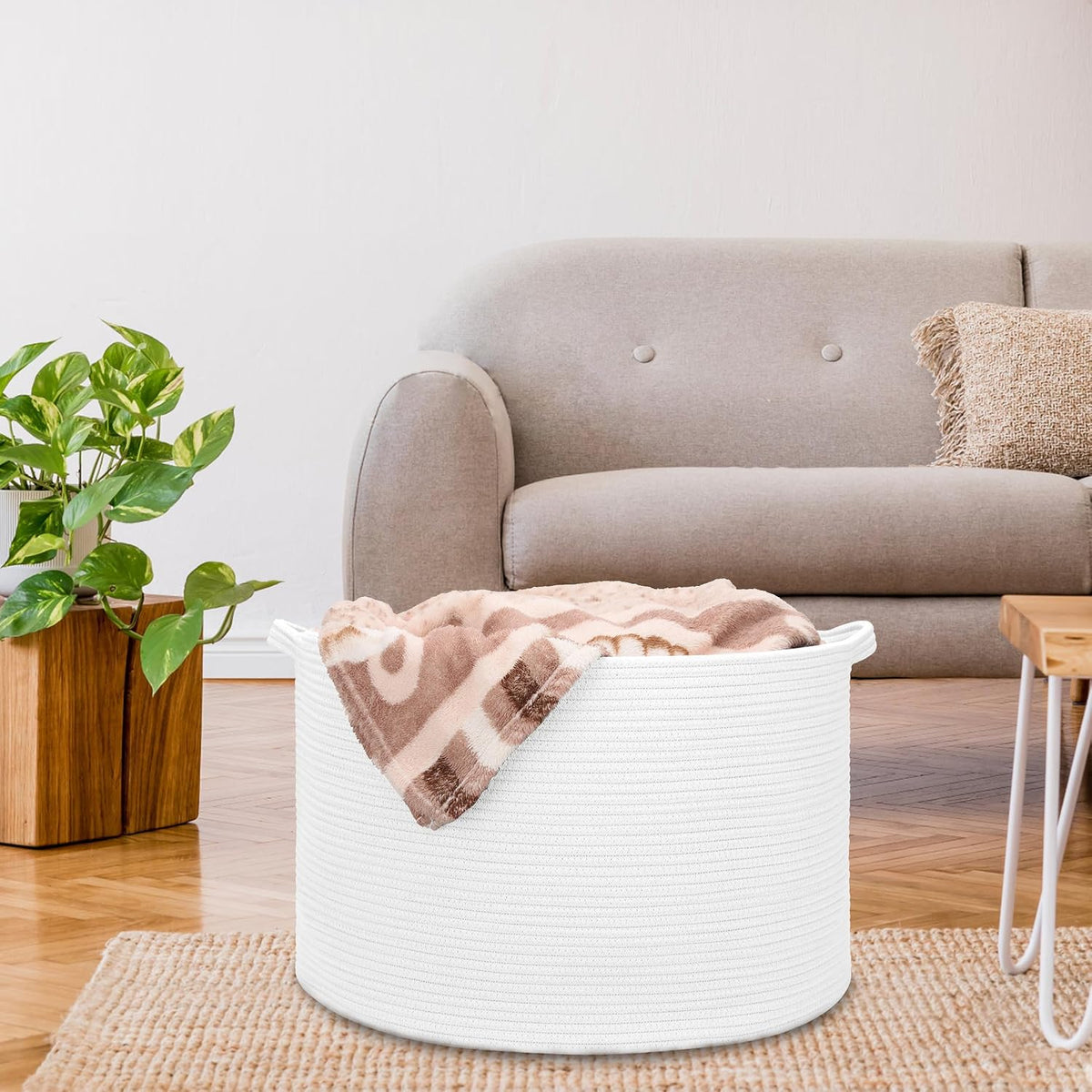 Large Cotton Rope Blanket Basket, 87L Laundry Hamper, White