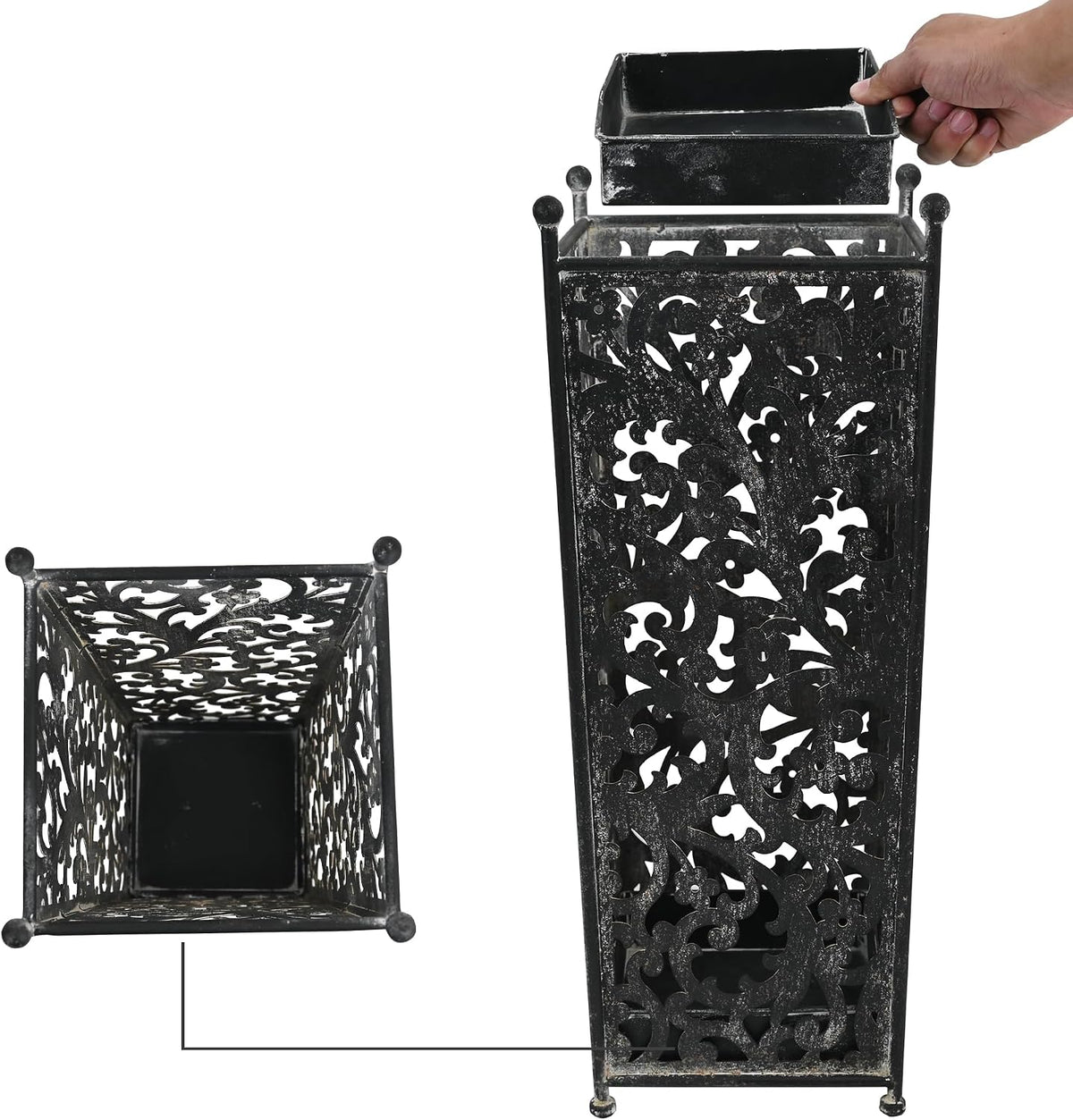 Vintage Black Metal Umbrella Holder with Ornate Cutout Pattern Antique Decorative Umbrella Stand with Detachable Drip Tray for Entryway Storage Umbrellas Canes & Walking Sticks (Black)