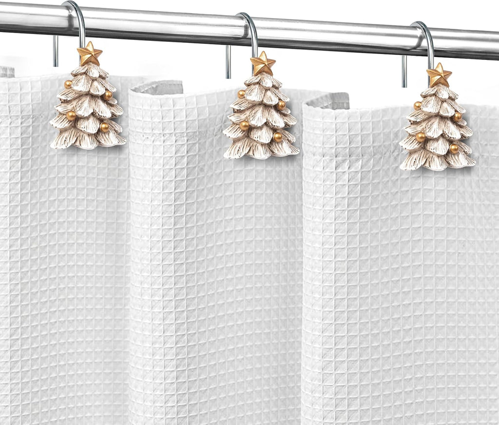 Sunlit Christmas Tree Decorative Shower Curtain Hooks with Star, Shower Curtain Rings, Resin, Xmas Theme Winter Holiday Bathroom Decoration, Set of 12, White Tree with Golden Balls Ornaments