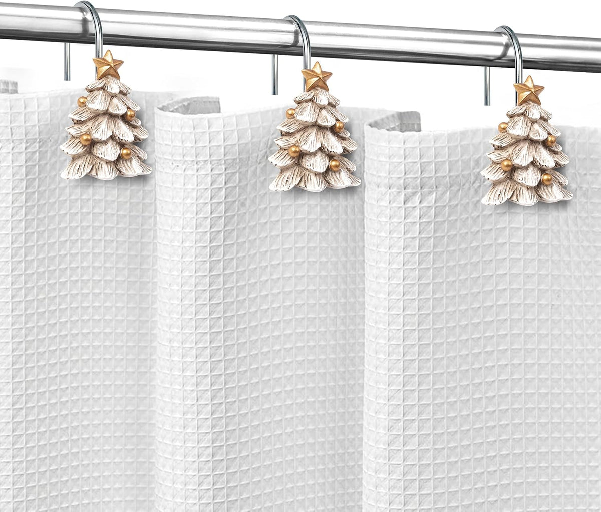 Sunlit Christmas Tree Decorative Shower Curtain Hooks with Star, Shower Curtain Rings, Resin, Xmas Theme Winter Holiday Bathroom Decoration, Set of 12, White Tree with Golden Balls Ornaments