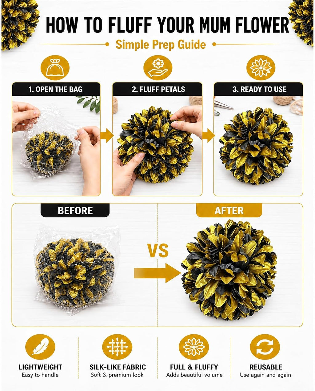 3Pcs Black and Gold Homecoming Mum Flowers, 6.5 Inch Artificial Mum Flowers