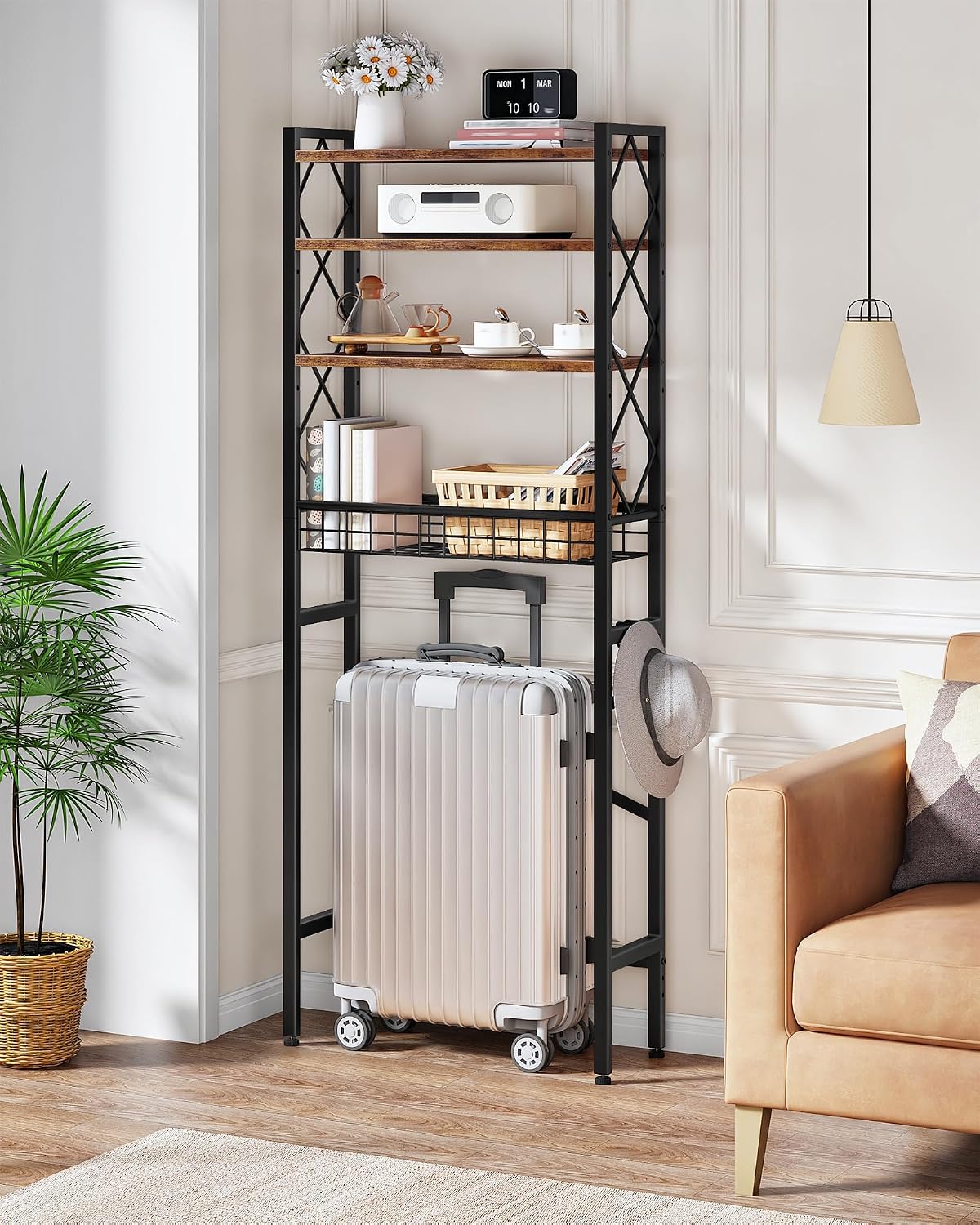 CHOEZON Over The Toilet Storage Rack, 4-Tier Bathroom Organizer Shelf, Over Toilet Storage with Wire Basket and Toilet Paper Holder, Adjustable Shelves, for Bathroom, Rustic Brown and Black TTS03BF