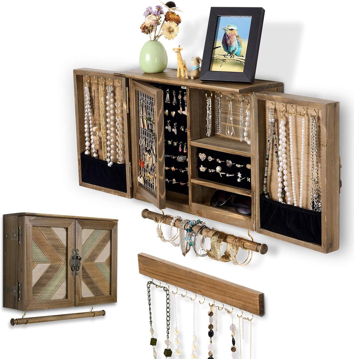 Wall Mounted Jewelry Organizer, Rustic Brown Wooden Jewelry Storage Cabinet