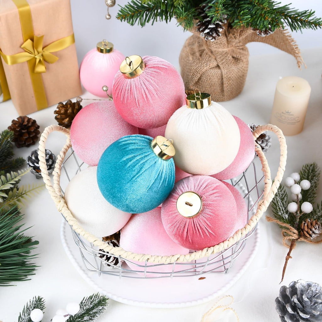Velvet Christmas Ornaments Balls for Tree - 15pcs Pink & Teal Christmas Ornaments Shatterproof for Xmas Decorations - Multicolor Pink Teal Beige 80mm 3.15inch