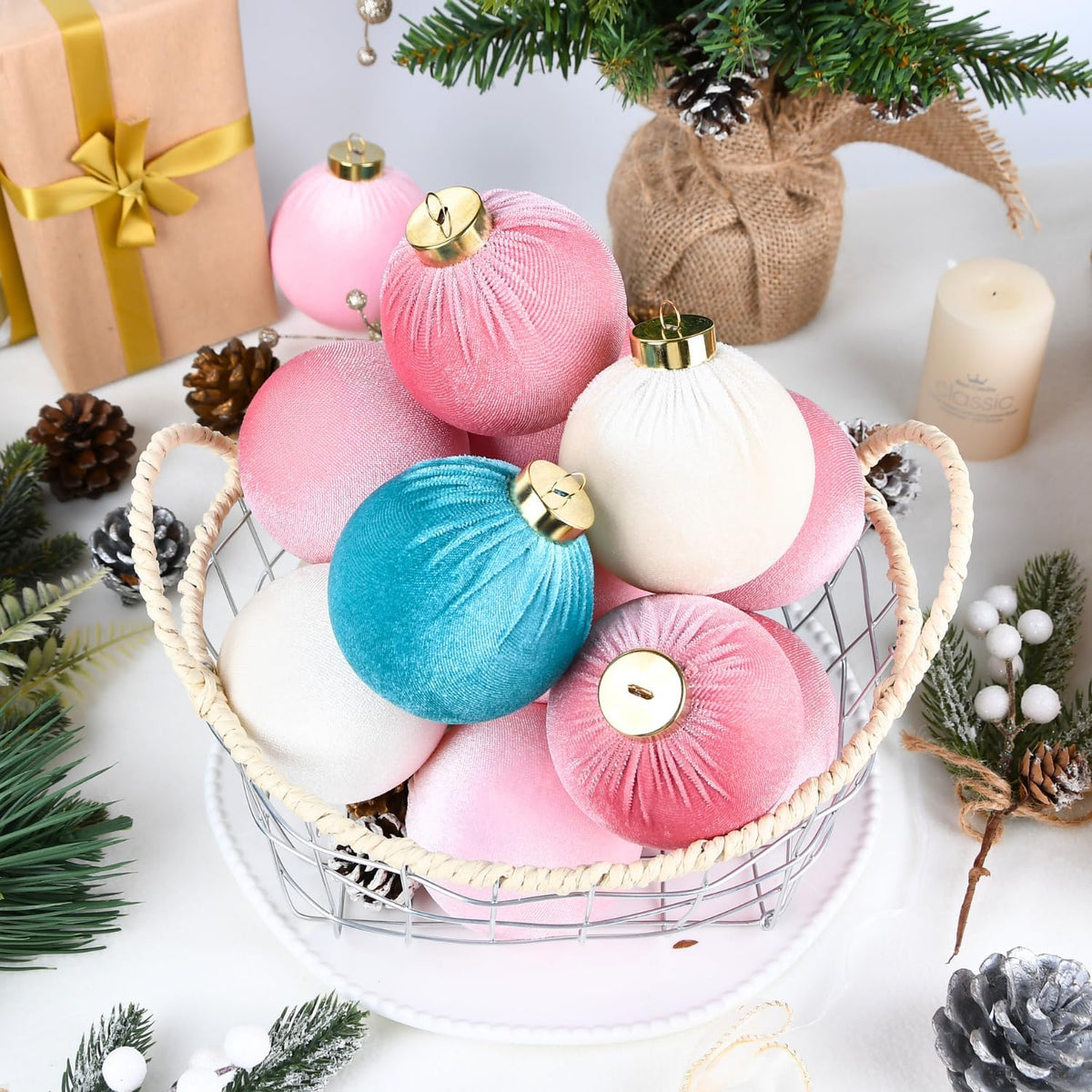 Velvet Christmas Ornaments Balls for Tree - 15pcs Pink & Teal Christmas Ornaments Shatterproof for Xmas Decorations - Multicolor Pink Teal Beige 80mm 3.15inch
