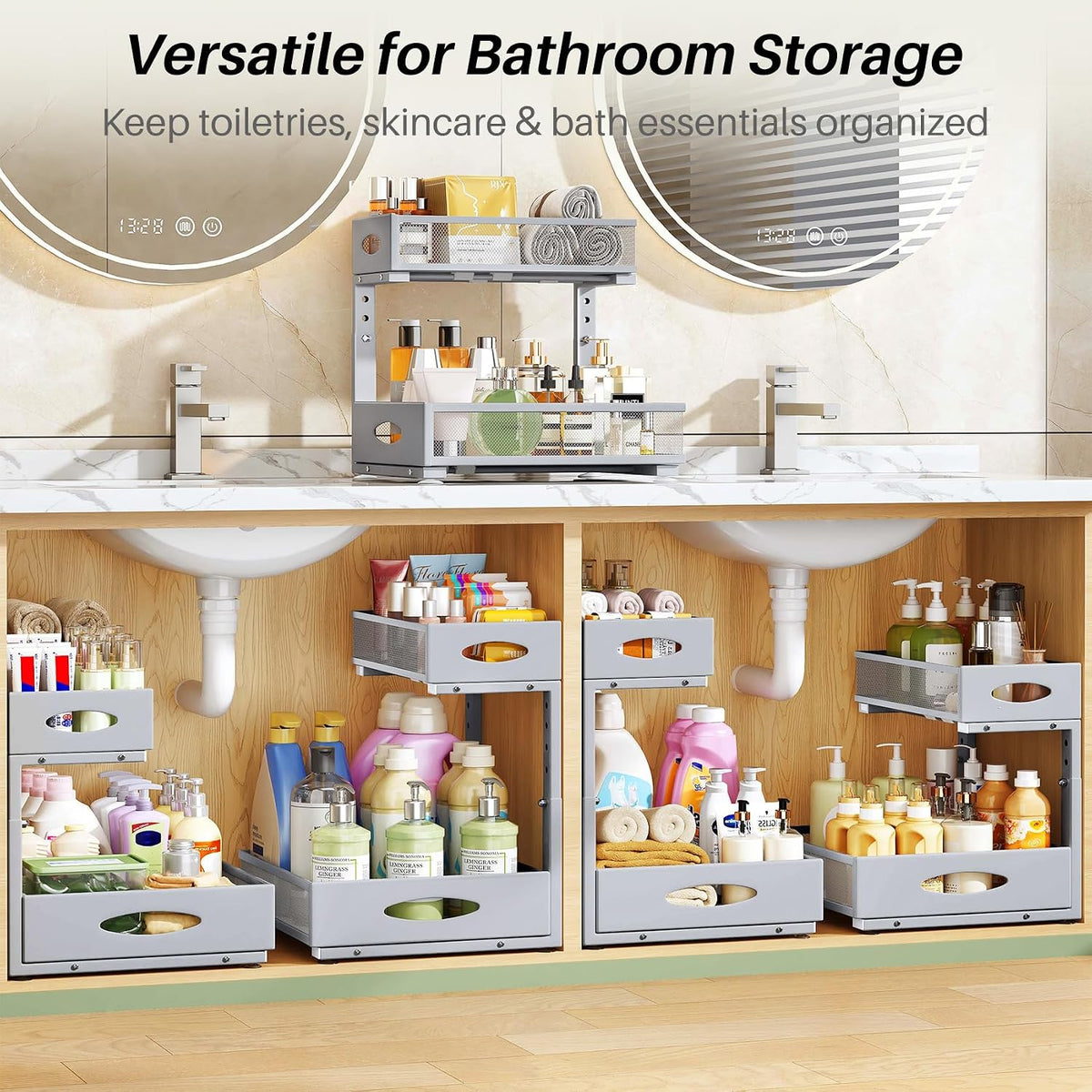 Under Sink Organizer, 2-Pack Pull Out Cabinet Organizer 2 Tier Metal Slide Out Storage Shelf Rack, L-Shaped Adjustable Height,Mesh Sliding Drawer for Kitchen, Bathroom, Laundry, Pantry, Grey, XL