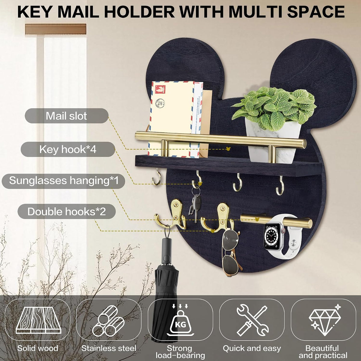 AIRPOP Key Holder for Wall–Mouse Wooden Mail Organizer Wall Mount with Shelf and 6 Hooks, Easy Installation Key Rack Hanger for Entryway Living Room Home Decor (Black)