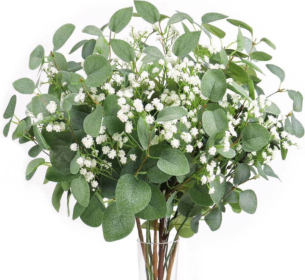 Beferr 5pcs Eucalyptus Stems & 6pcs Babys Breath Artificial Flowers Faux Greenery Bouquets for Wedding Table Centerpiece Home Decor