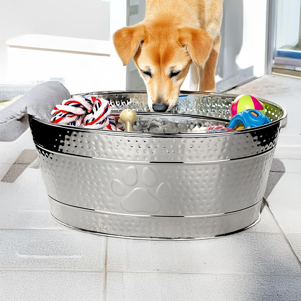 BREKX Stainless Steel Indestructible Dog Toy Bin - Pet Storage Bin with Handles, Large Organizer Storage Basket for Pet Toys, Blankets, Leashes - Pawprint Design Home Decor (Silver - 25 Quart)