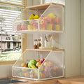 Stackable Fruit Basket for Kitchen Countertop Space Saving, Wall Mounted Mesh Metal Wire Basket with Wood Lid Extra Storage, 2 Pack Kitchen Counter Organizer for Snack, Onion and Potato Storage, White