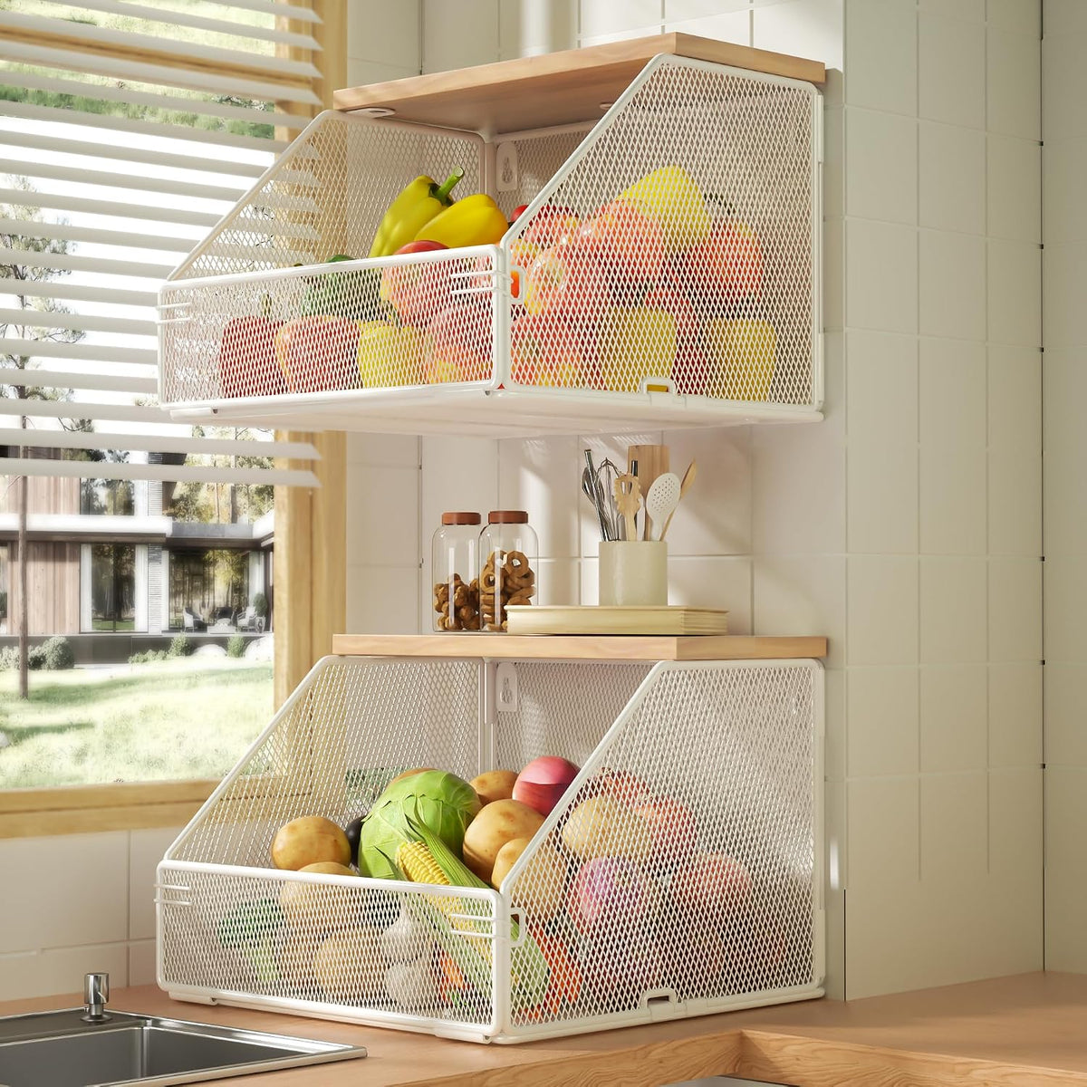 Stackable Fruit Basket for Kitchen Countertop Space Saving, Wall Mounted Mesh Metal Wire Basket with Wood Lid Extra Storage, 2 Pack Kitchen Counter Organizer for Snack, Onion and Potato Storage, White