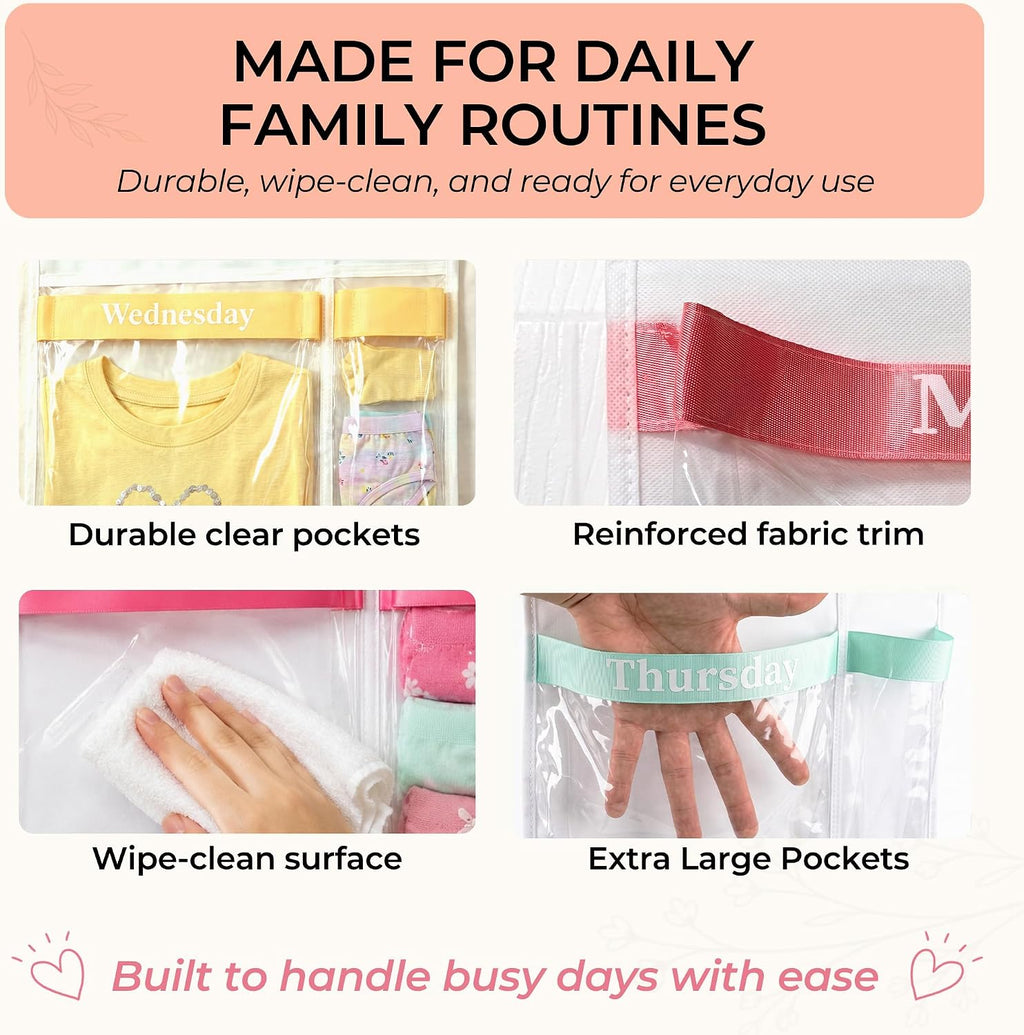 Over the Door Weekly Clothes Organizer for Kids, Days of the Week (Rainbow)