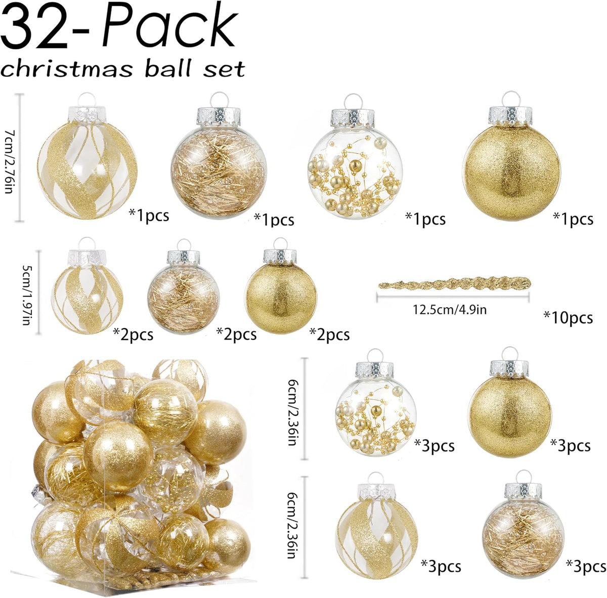 XmasExp 32ct Christmas Ball Ornaments Set -Gold Clear Plastic Shatterproof Xmas Tree Ball Decorations Hanging Baubles for Holiday Decor