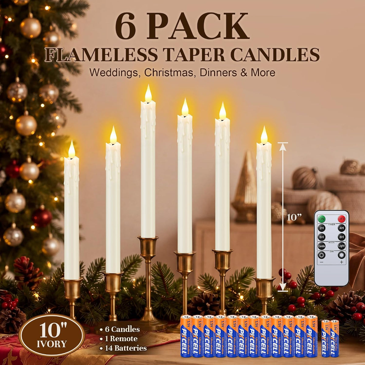 Enhon 6 Pack Flameless Taper Candles with Remote & Batteries, 10" Ivory LED Candle Sticks, 3D Wick & Wax Drip Design, 624+ Hour Battery Operated Candles for Home, Wedding & Christmas Decor