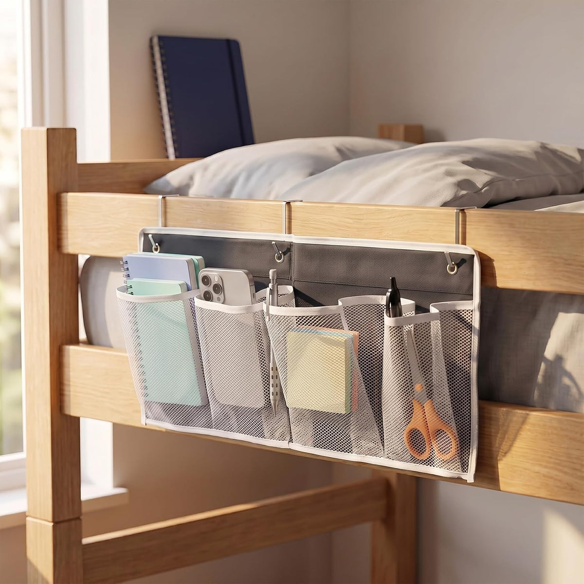 Pndeyo 1pc Bed Hanging Shoe Organizers with 3pcs Hooks, 22.44x19.61in, Grey