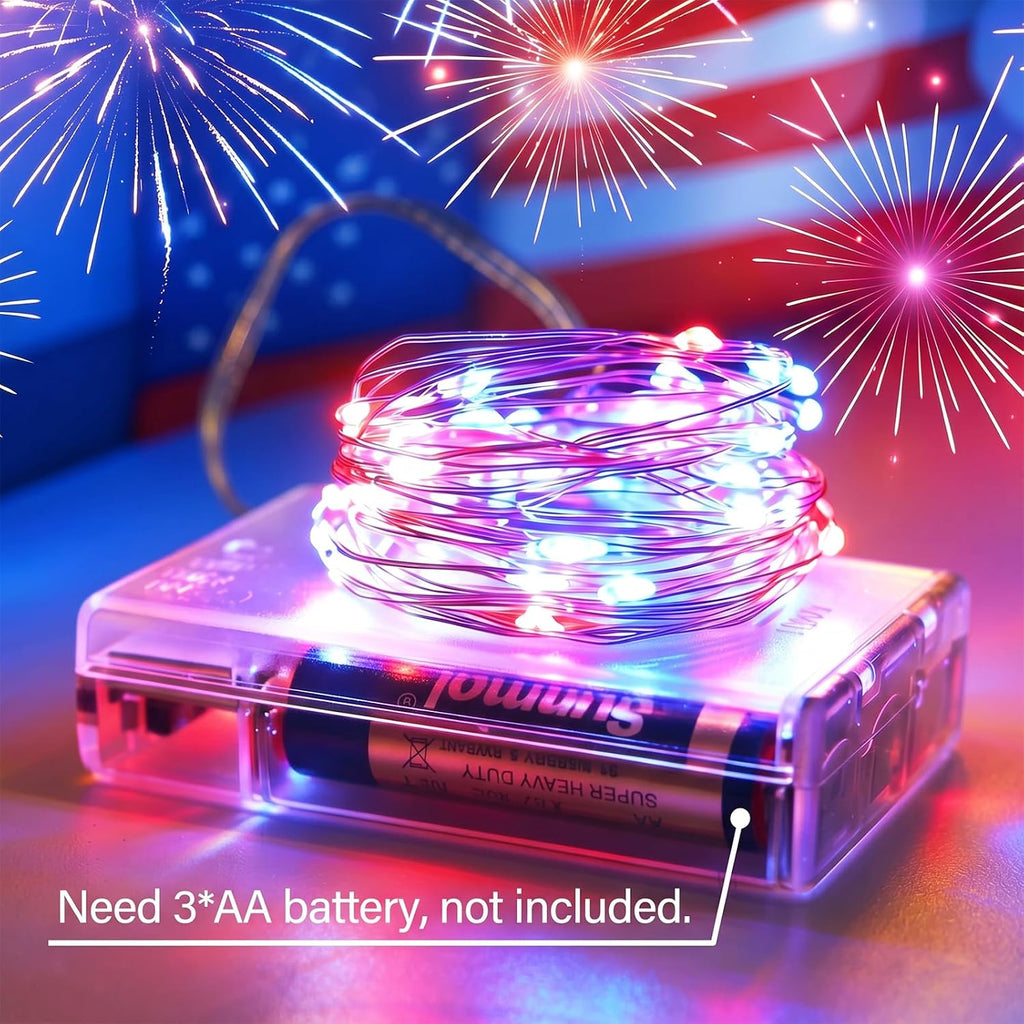 Patriotic Red White and Blue Fairy String Lights Battery Operated