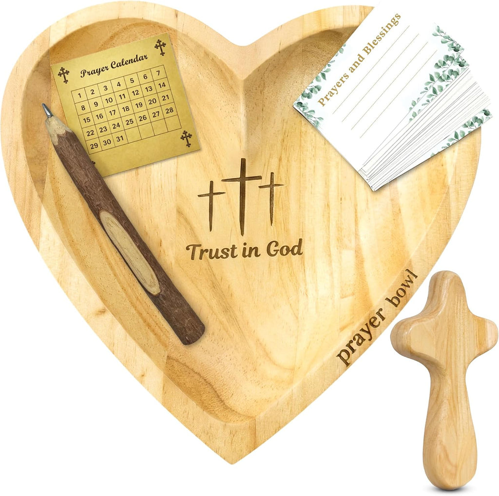 Prayer Bowls for Women Trust In God - Wooden Heart Prayer Bowl with 30 Cards & Wooden Fidget Cross - Birthday Gifts for Christian Women, Godmothers, Mom, Natural Heart Decorative Bowl with Storage Bag