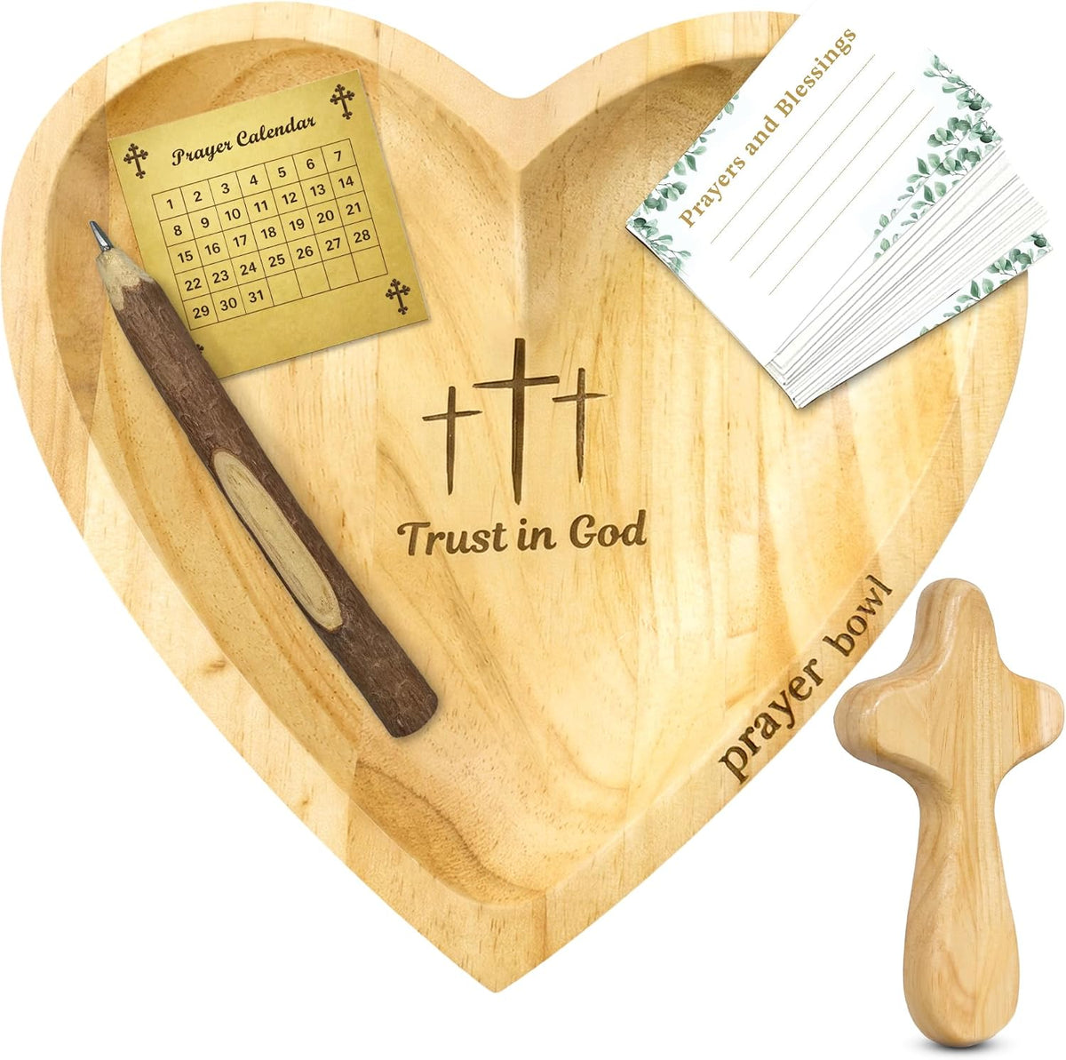 Prayer Bowls for Women Trust In God - Wooden Heart Prayer Bowl with 30 Cards & Wooden Fidget Cross - Birthday Gifts for Christian Women, Godmothers, Mom, Natural Heart Decorative Bowl with Storage Bag