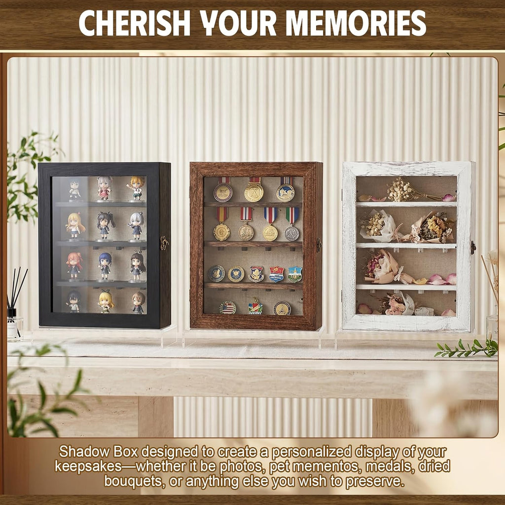 Gerrii Shadow Box Display Case 11 x 13 - Deep 5 Inch Wooden Picture Frame with Linen Back, Removable Shelves, Wooden Memory Case for Wedding Bouquets, Photos, Medals & Keepsakes, Brown