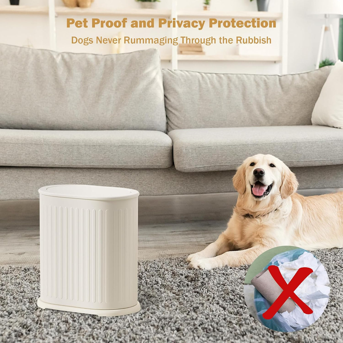 Small Bathroom Trash Can with Lid Push Top,Dog Proof Wastebasket