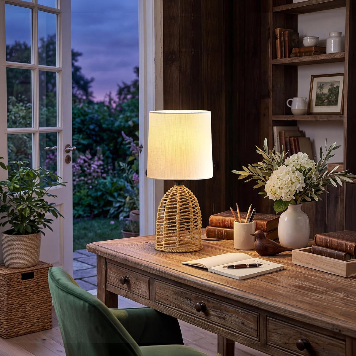 EJIAXIN Small Table Lamp -13.75" Boho Rattan Lamp - Bedside Farmhouse Lamps