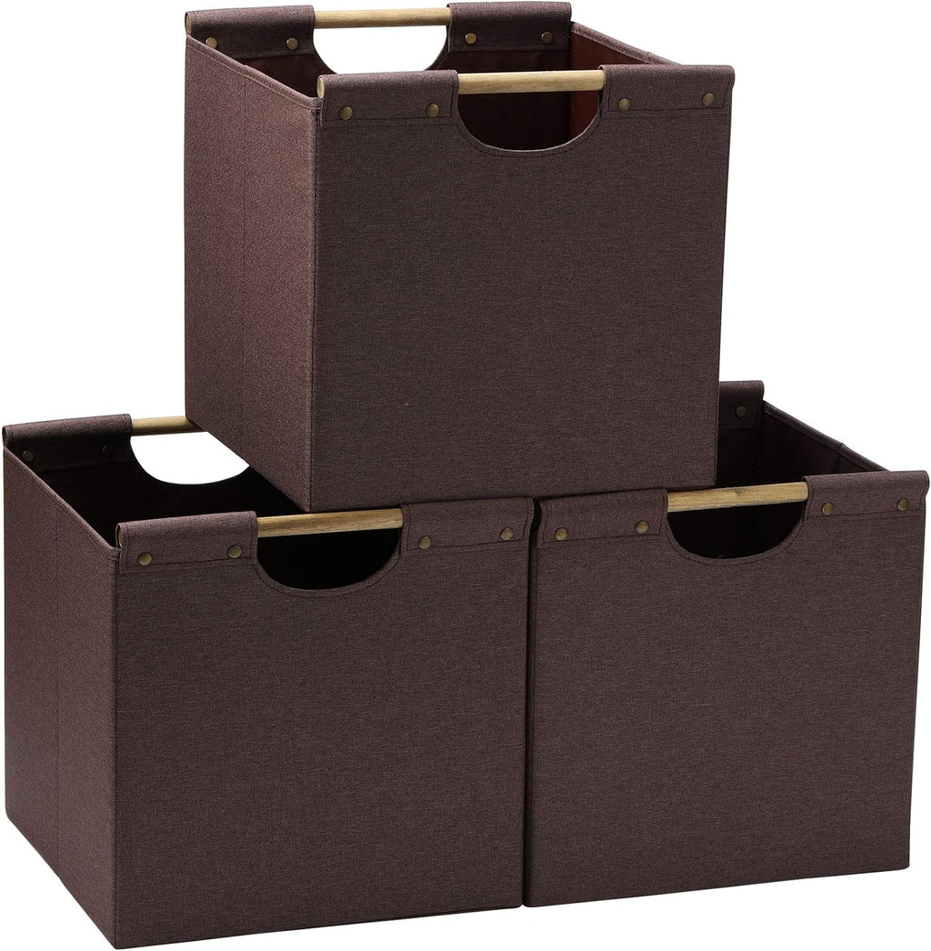 HOONEX Collapsible Storage Bins, 12x12x12in Storage Cubes Linen Fabric, Pack of 3, Storage Baskets with Wooden Carry Handles and Sturdy Heavy Cardboard, for Home, Office, Car, Nursery, Brown