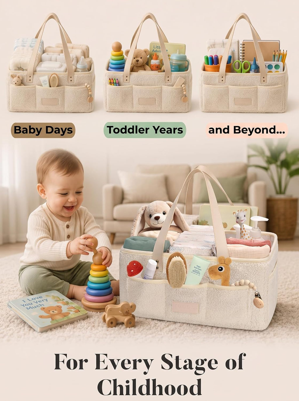 Baby Diaper Caddy Organizer with Waterproof Changing Pad, Beige