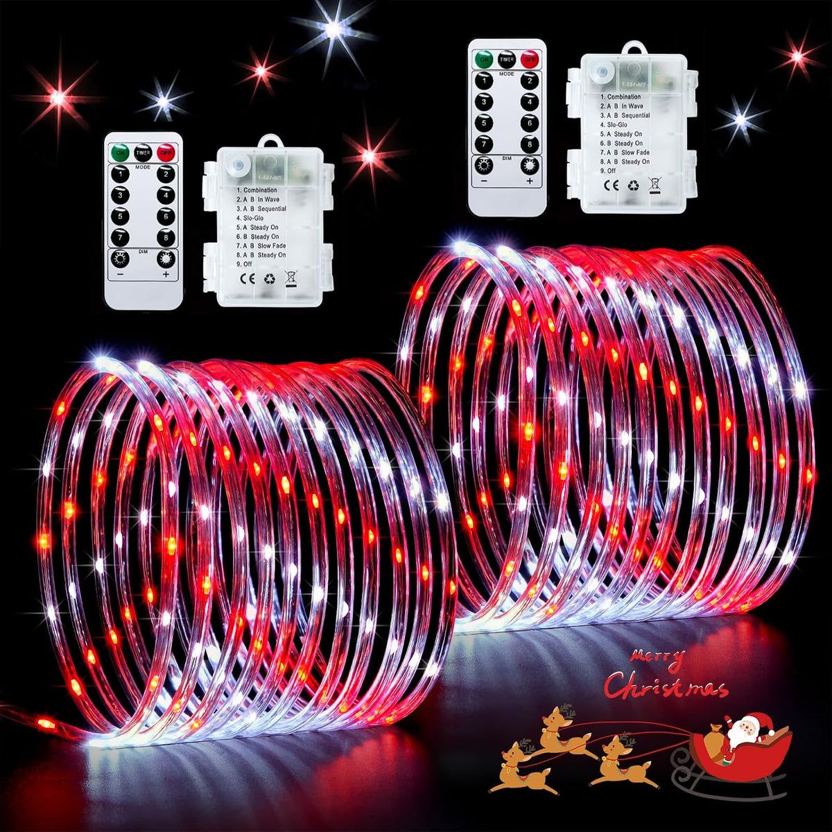 JMEXSUSS 2 Pack Red and White Christmas Lights Battery Operated