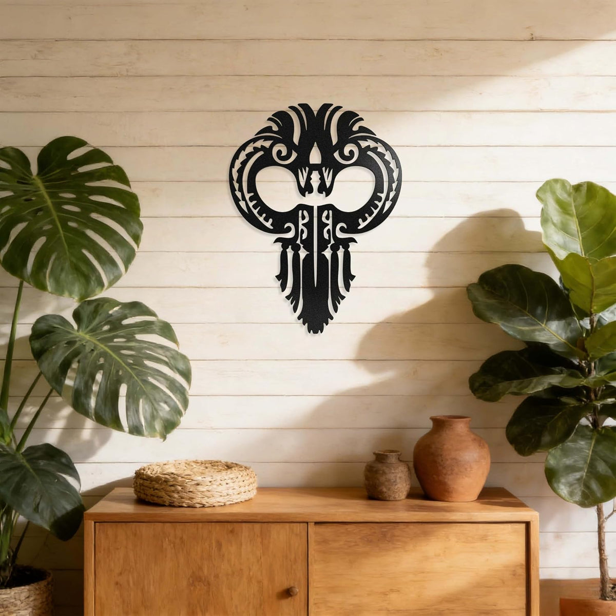 Zckjnoi Hawaiian Warrior Helmet Metal Wall Art – Matte Black Iron Tribal Wall Decor, Polynesian Warrior Mask Sculpture for Living Room, Entryway or Outdoor Wall, 15.75 x 11.81 in