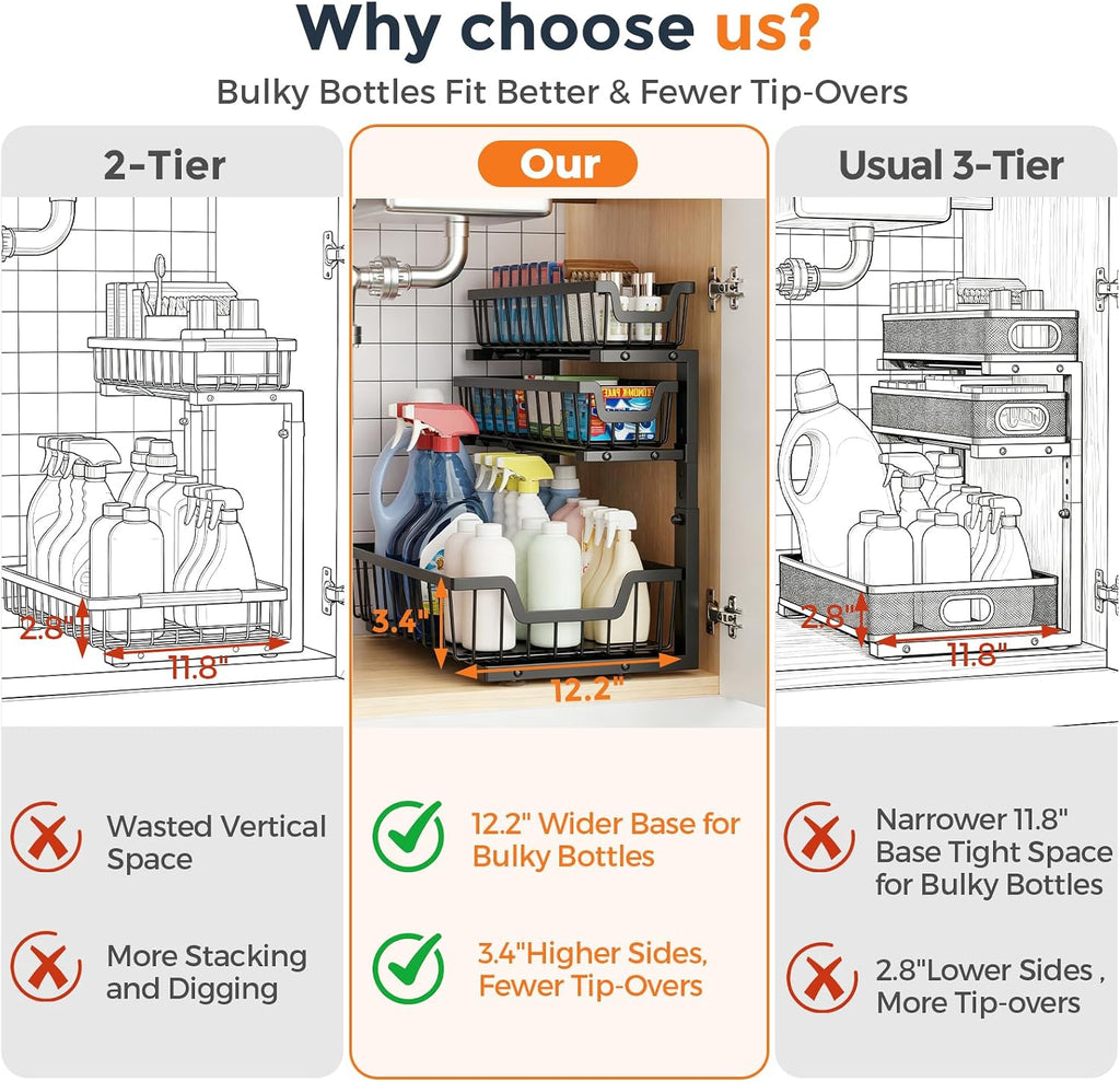 Under Sink Organizer, 2-Pack 3-Tier Height Adjustable Thickened Metal Pull out Cabinet Organizer Shelf, Slide out Storage Drawer Rack for Bathroom Kitchen Pantry Home Laundry Organization (Black)
